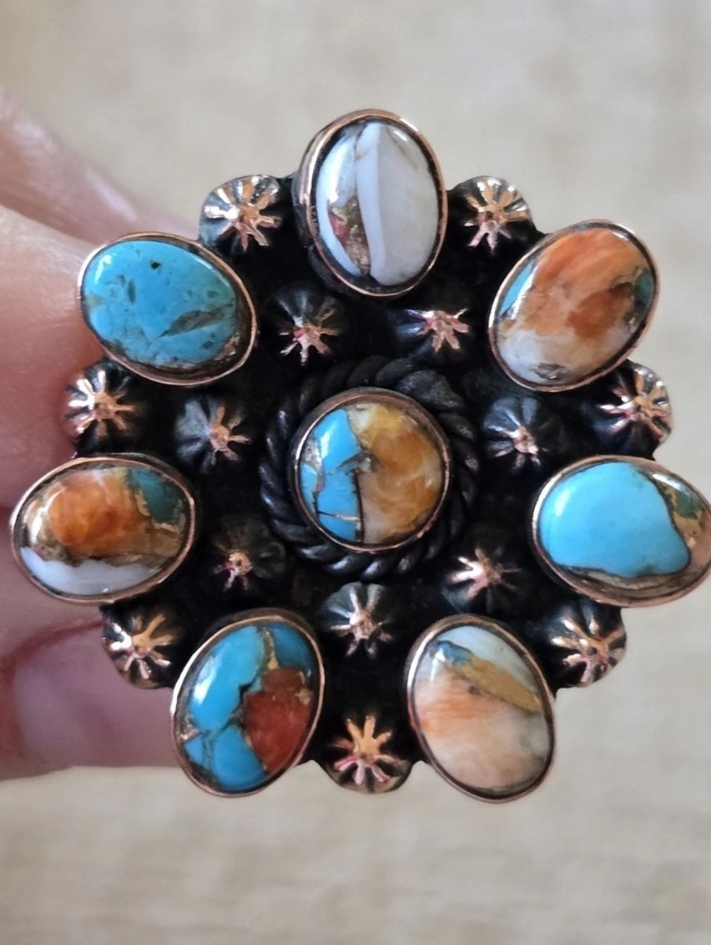 Spiney Oyster Turquoise Round Cluster Ring In Copper, Southwestern
